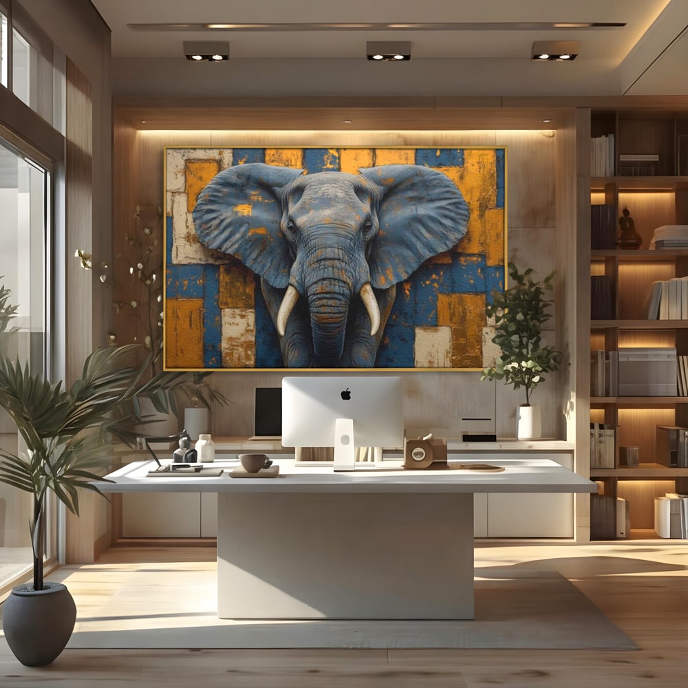 Tablou canvas cu tablou canvas cu cap de elefant, in rama de aluminiu auriu, pe perete intr-un birou